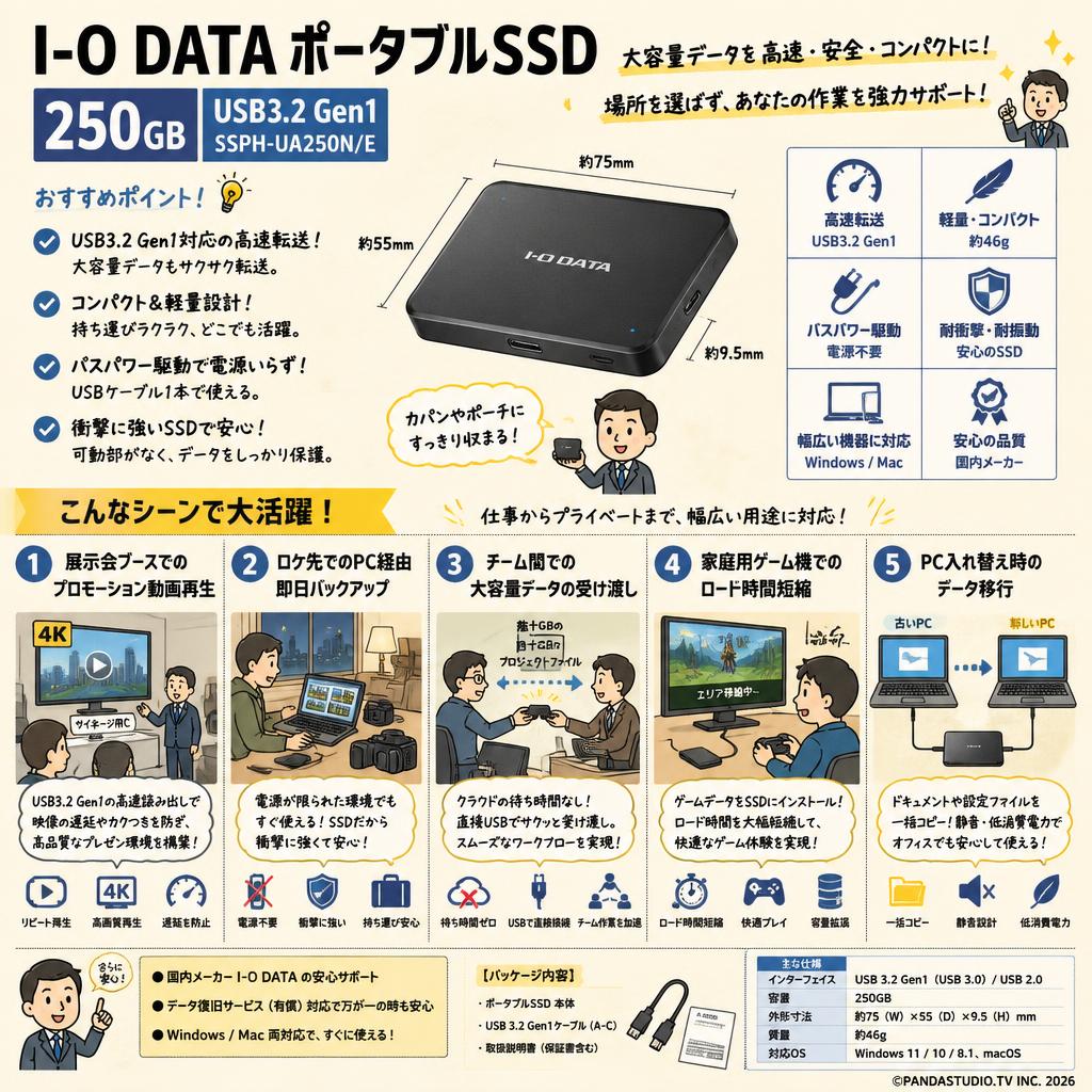 I-O DATA ポータブルSSD 250GB USB3.2 Gen1  SSPH-UA250N/E 用途