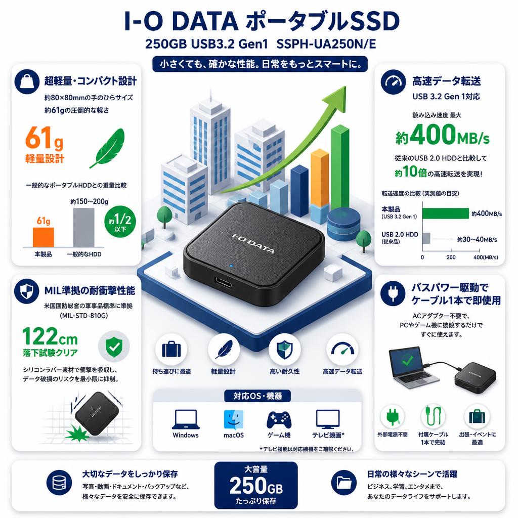 I-O DATA ポータブルSSD 250GB USB3.2 Gen1  SSPH-UA250N/E セールスポイント