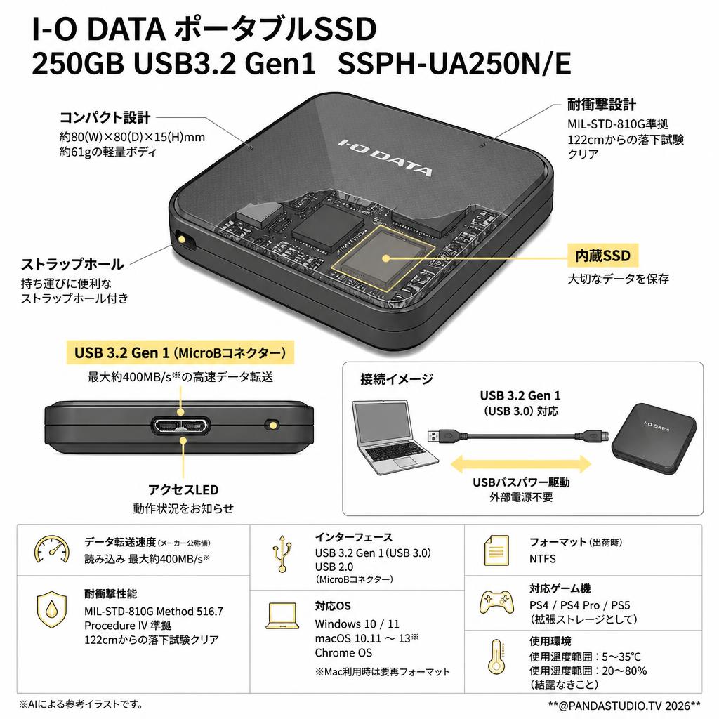 I-O DATA ポータブルSSD 250GB USB3.2 Gen1  SSPH-UA250N/E スペック