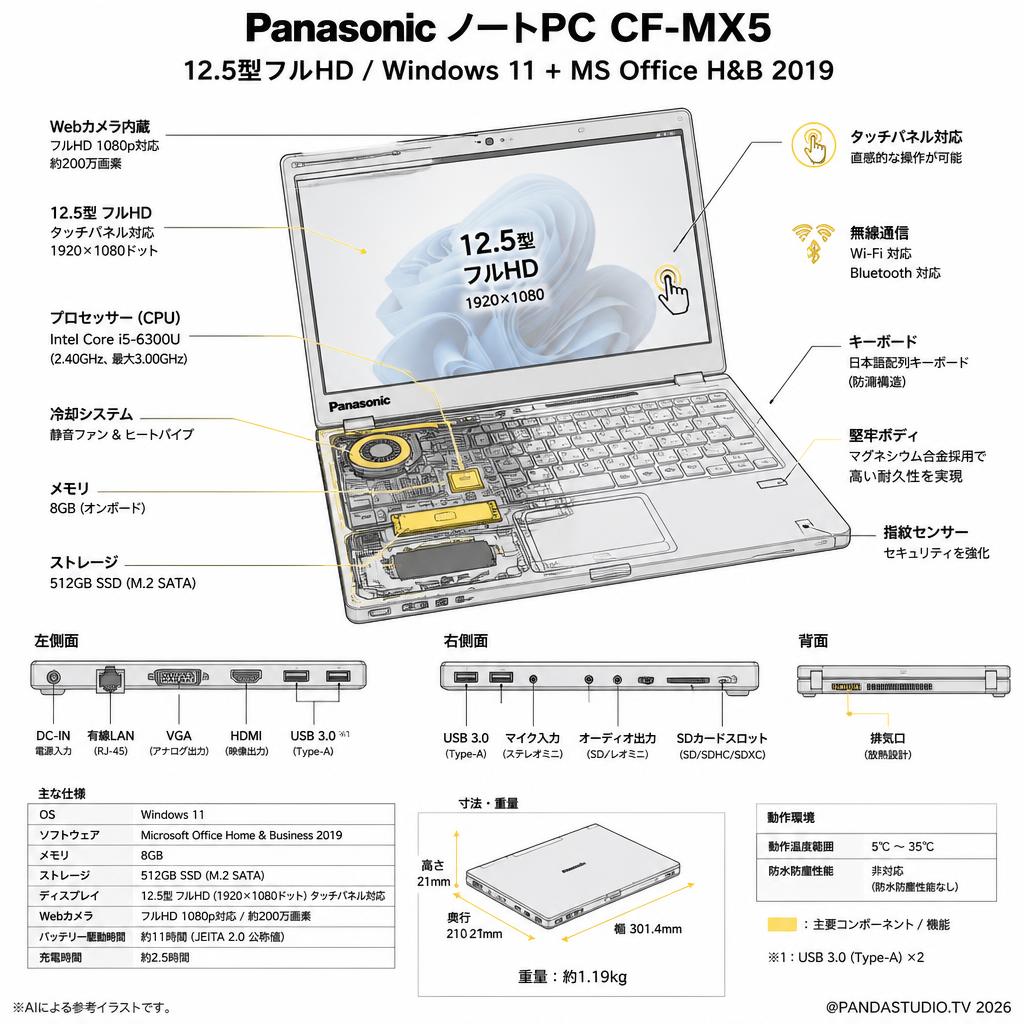 Panasonic ノートPC CF-MX5/12.5型フルHD(Core i5-6300U メモリー8GB 512GB SSD)Windows11＋MS Office H&B 2019 スペック