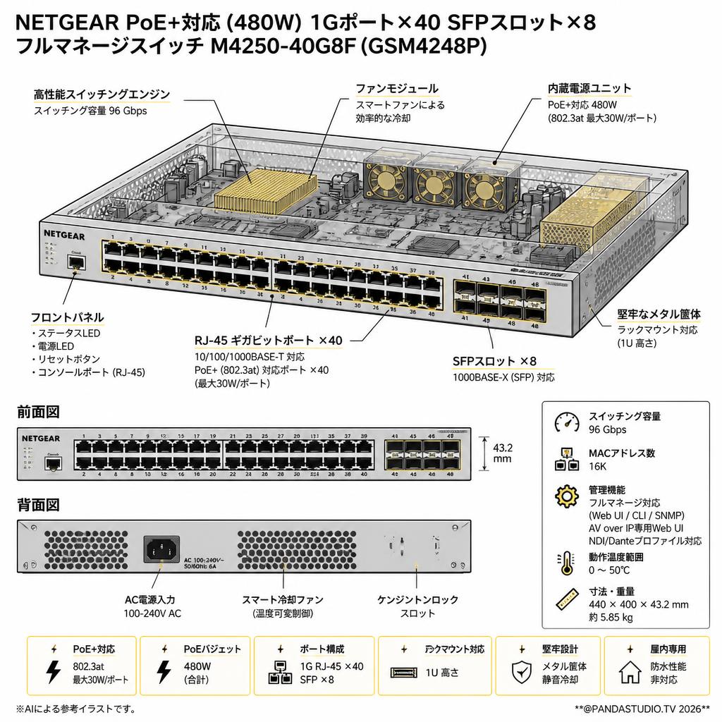 NETGEAR PoE+対応 (480W) 1Gポート×40 SFPスロット×8 フルマネージスイッチ M4250-40G8F(GSM4248P) スペック