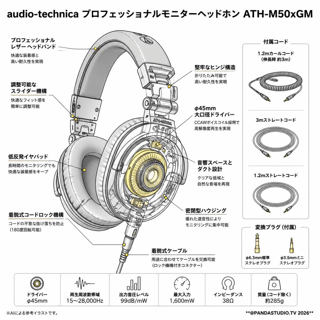 audio-technica プロフェッショナルモニターヘッドホン ATH-M50xGM スペック