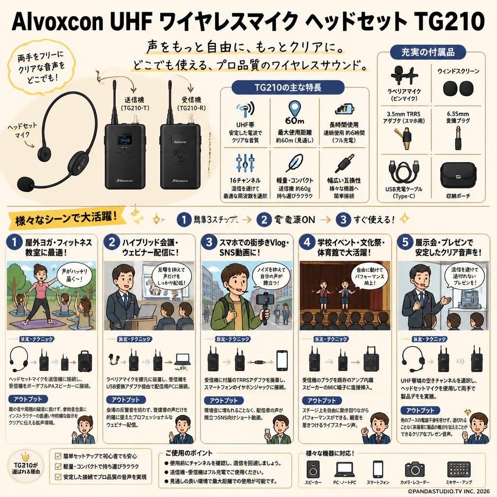 Alvoxcon UHF ワイヤレスマイク ヘッドセット TG210 用途