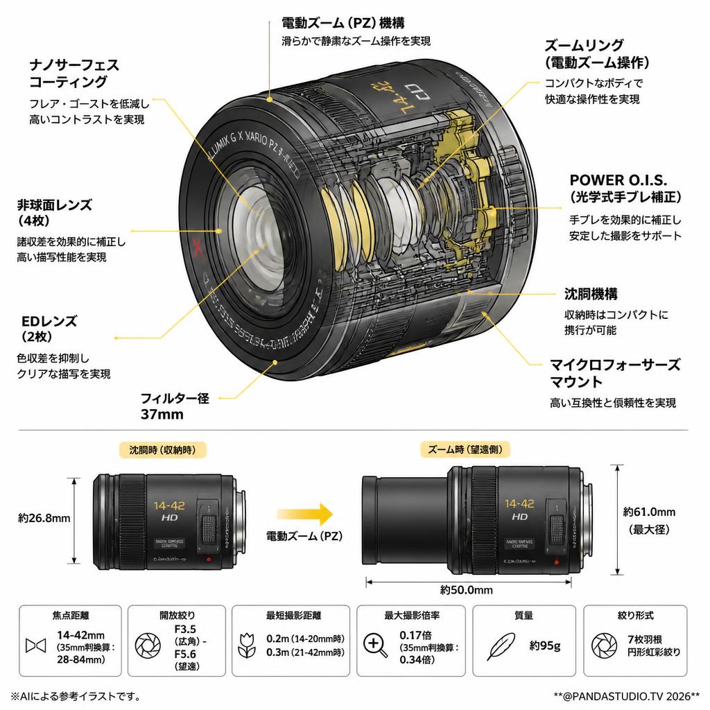 Panasonic LUMIX G X VARIO PZ 14-42mm F3.5-5.6 ASPH.  POWER O.I.S.マイクロフォーサーズ ブラック H-PS14042-K スペック
