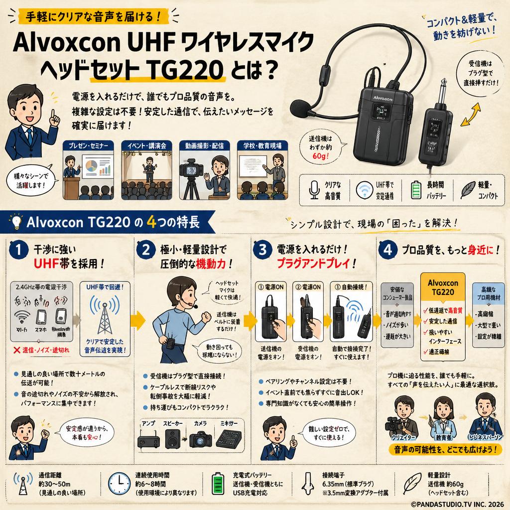 Alvoxcon UHF ワイヤレスマイク ヘッドセット TG220 概要