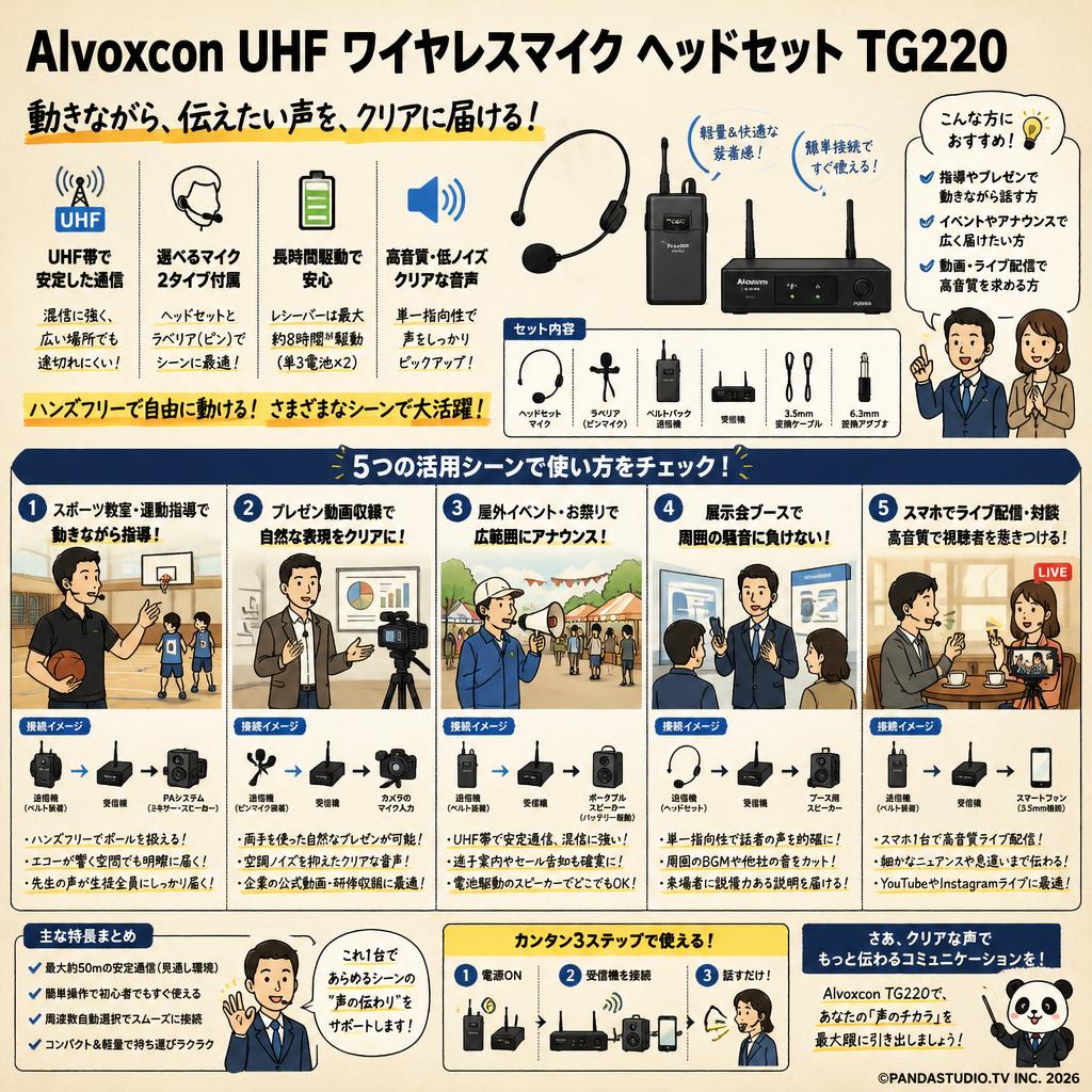 Alvoxcon UHF ワイヤレスマイク ヘッドセット TG220 用途
