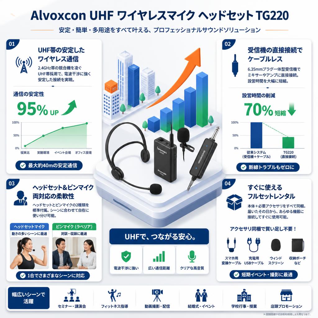 Alvoxcon UHF ワイヤレスマイク ヘッドセット TG220 セールスポイント