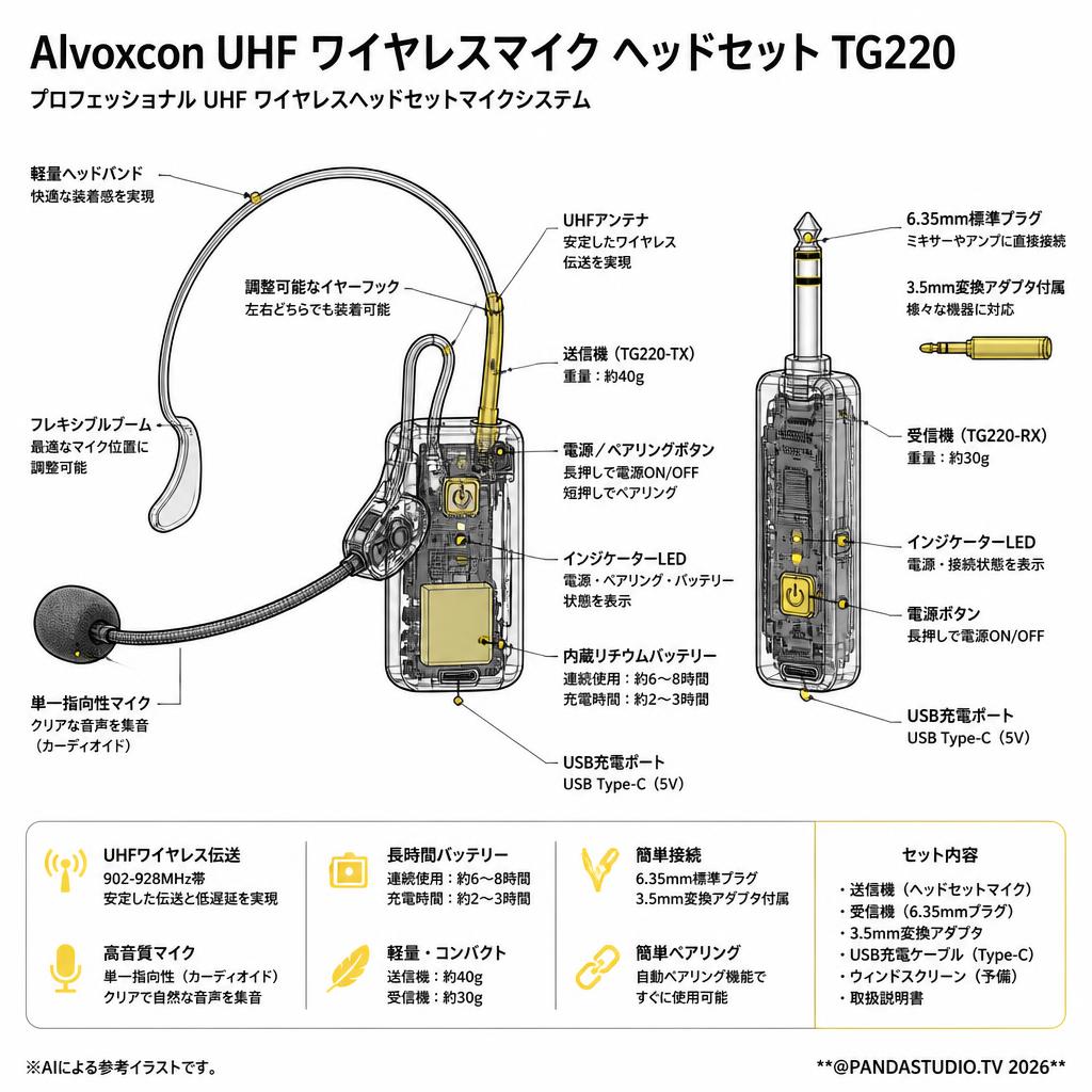 Alvoxcon UHF ワイヤレスマイク ヘッドセット TG220 スペック