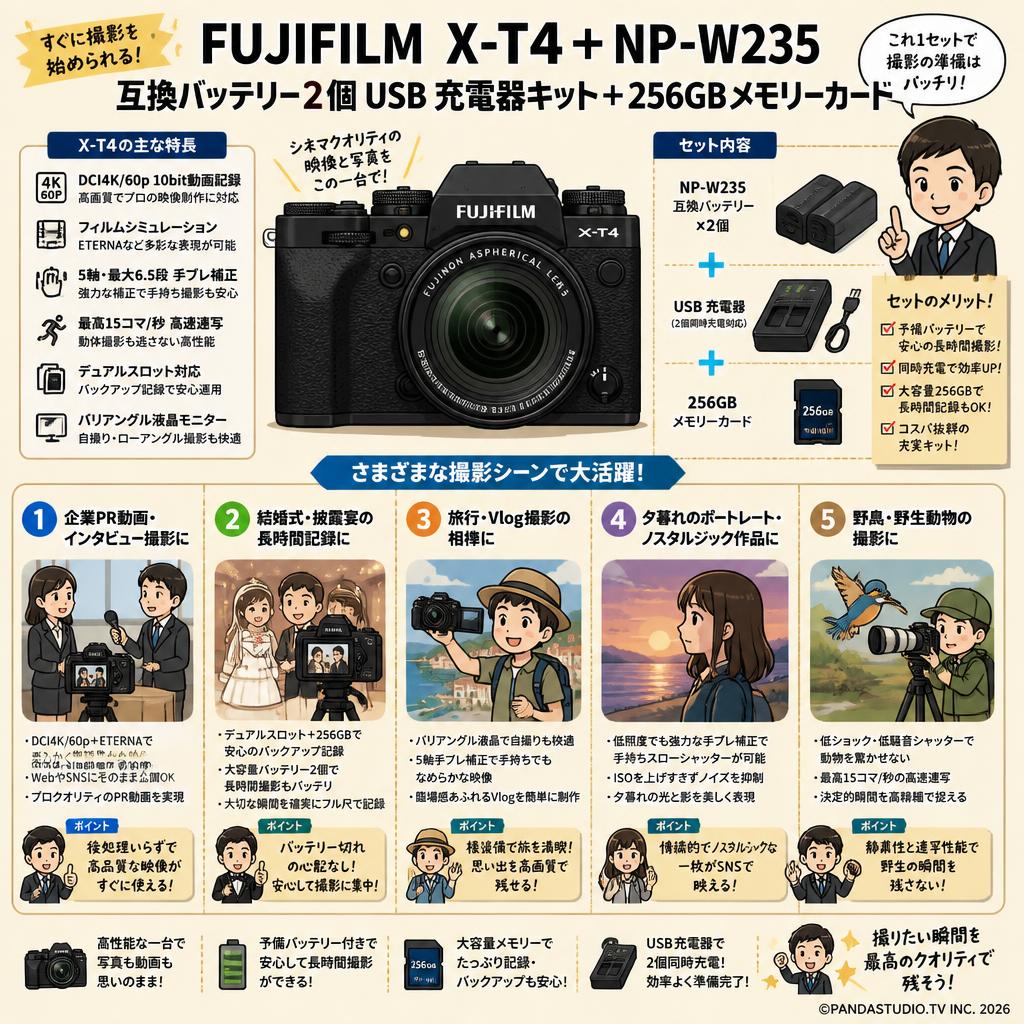 FUJIFILM X-T4＋NP-W235 互換バッテリー 2個 USB 充電器 キット＋256㎇メモリーカード 用途