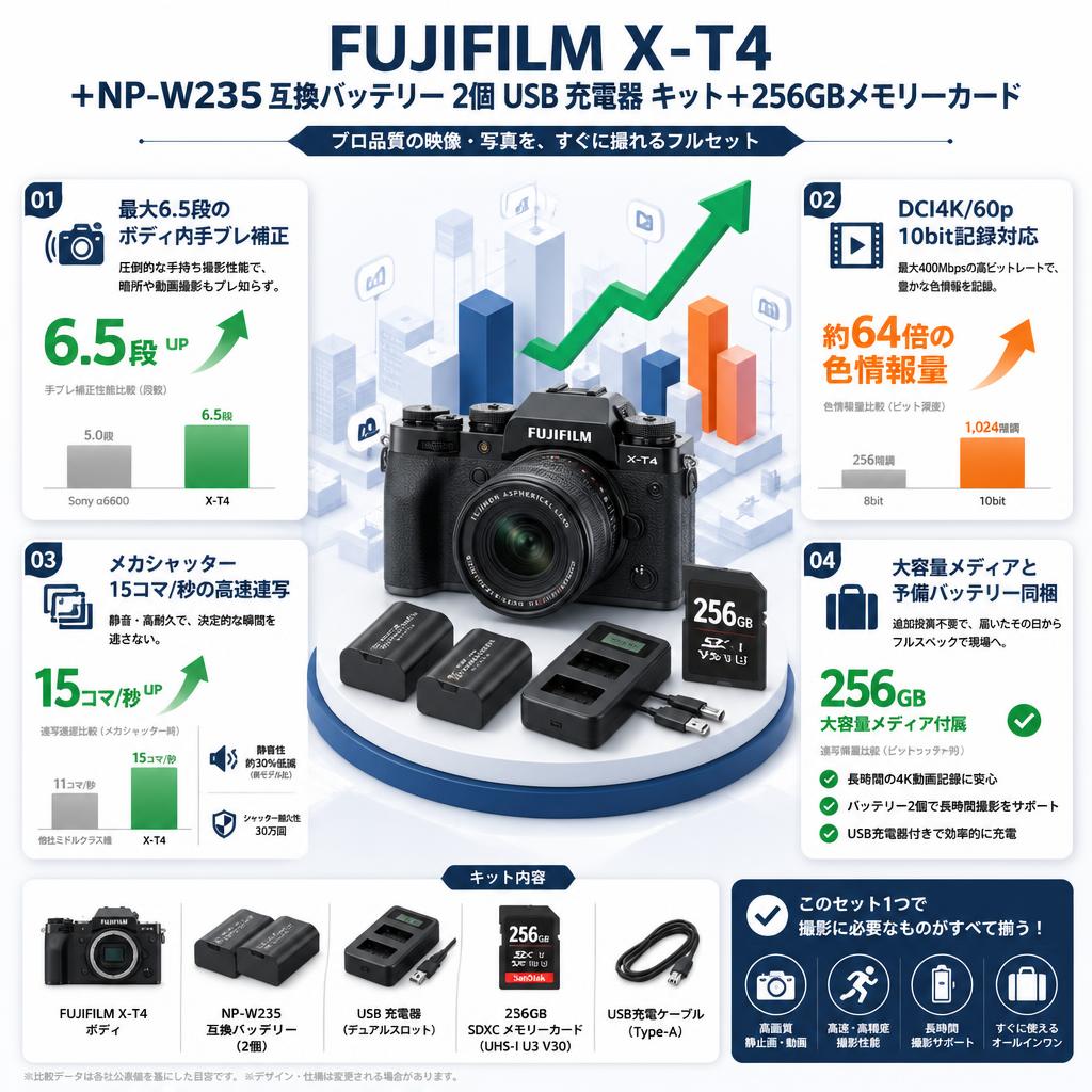 FUJIFILM X-T4＋NP-W235 互換バッテリー 2個 USB 充電器 キット＋256㎇メモリーカード セールスポイント