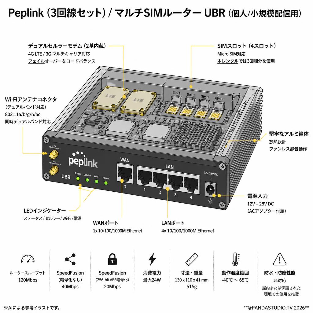 Peplink (3回線セット) / マルチSIMルーター UBR（個人/小規模配信用） スペック