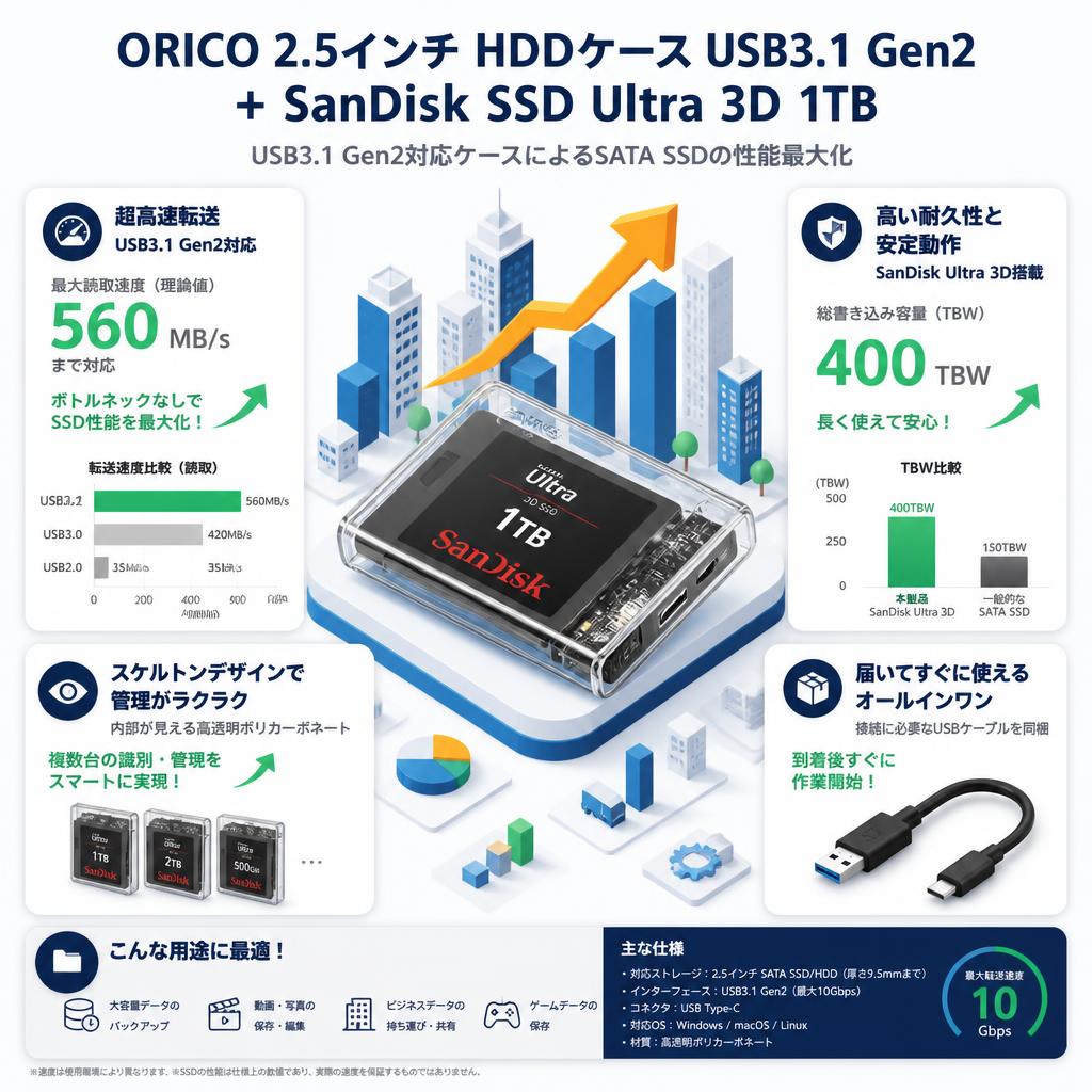 ORICO 2.5インチ HDD ケース USB3.1 Gen2＋SanDisk SSD Ultra 3D  1TB  SDSSDH3-1T00-J25 セールスポイント