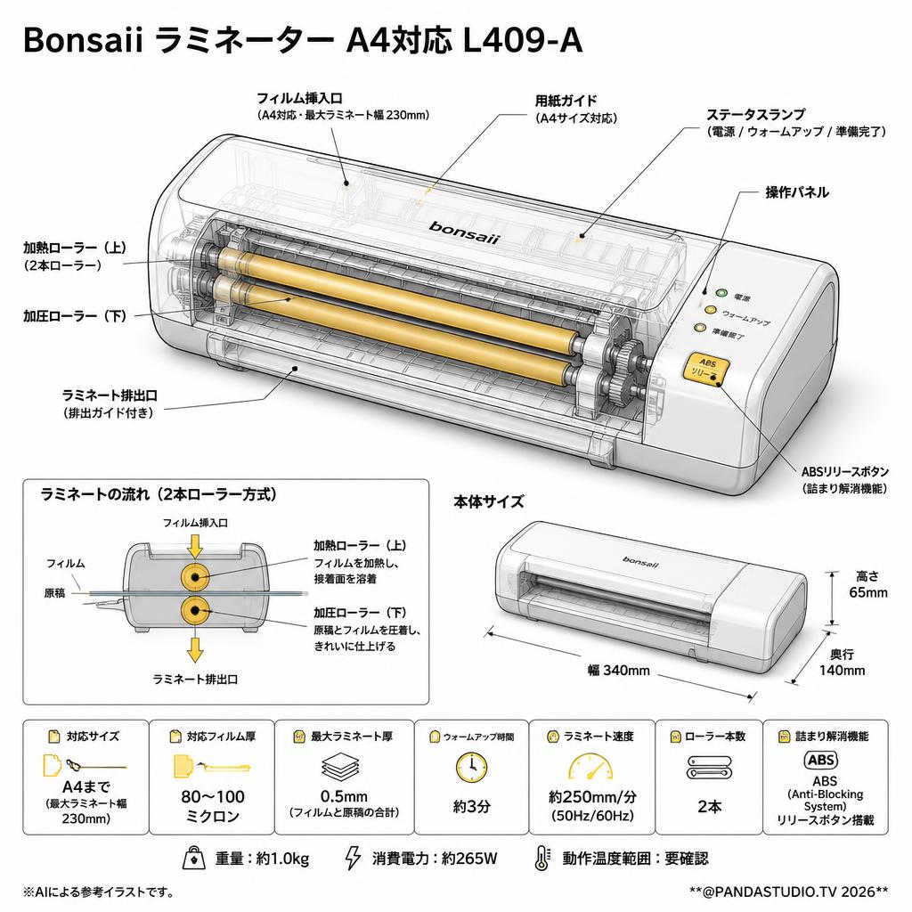 Bonsaii ラミネーター A4対応 L409-A スペック