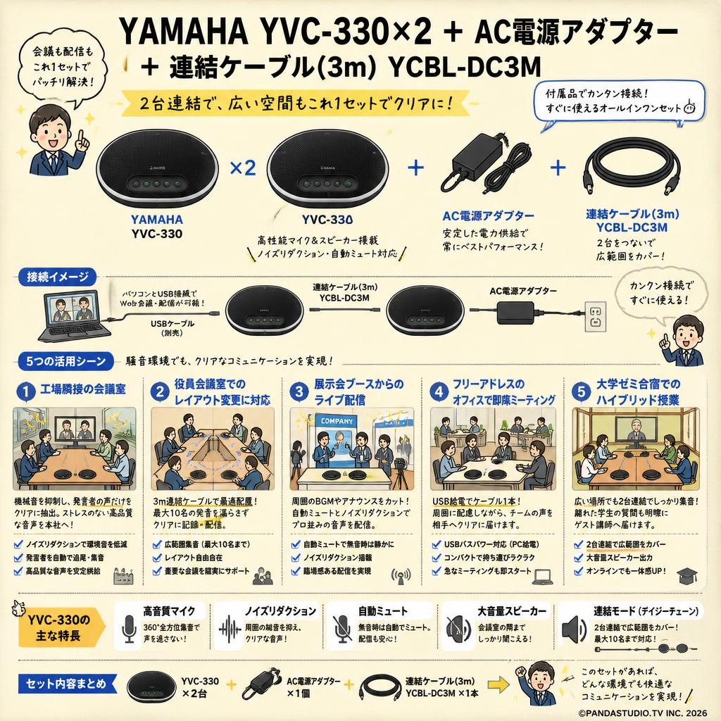 YAMAHA YVC-330×2 ＋ AC電源アダプター＋ 用連結ケーブル(3m)YCBL-DC3M 用途