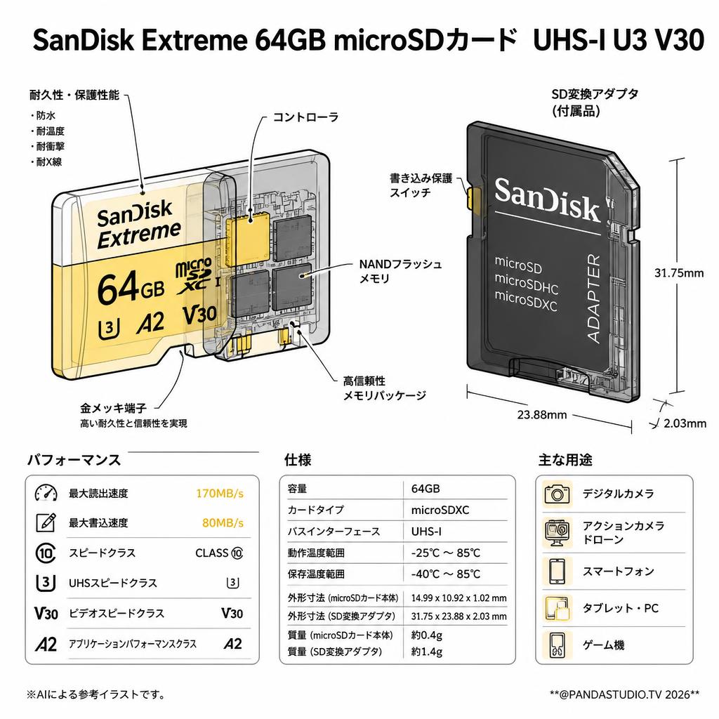 SanDisk Extreme 64GB microSDカード  UHS-I U3 V30 スペック
