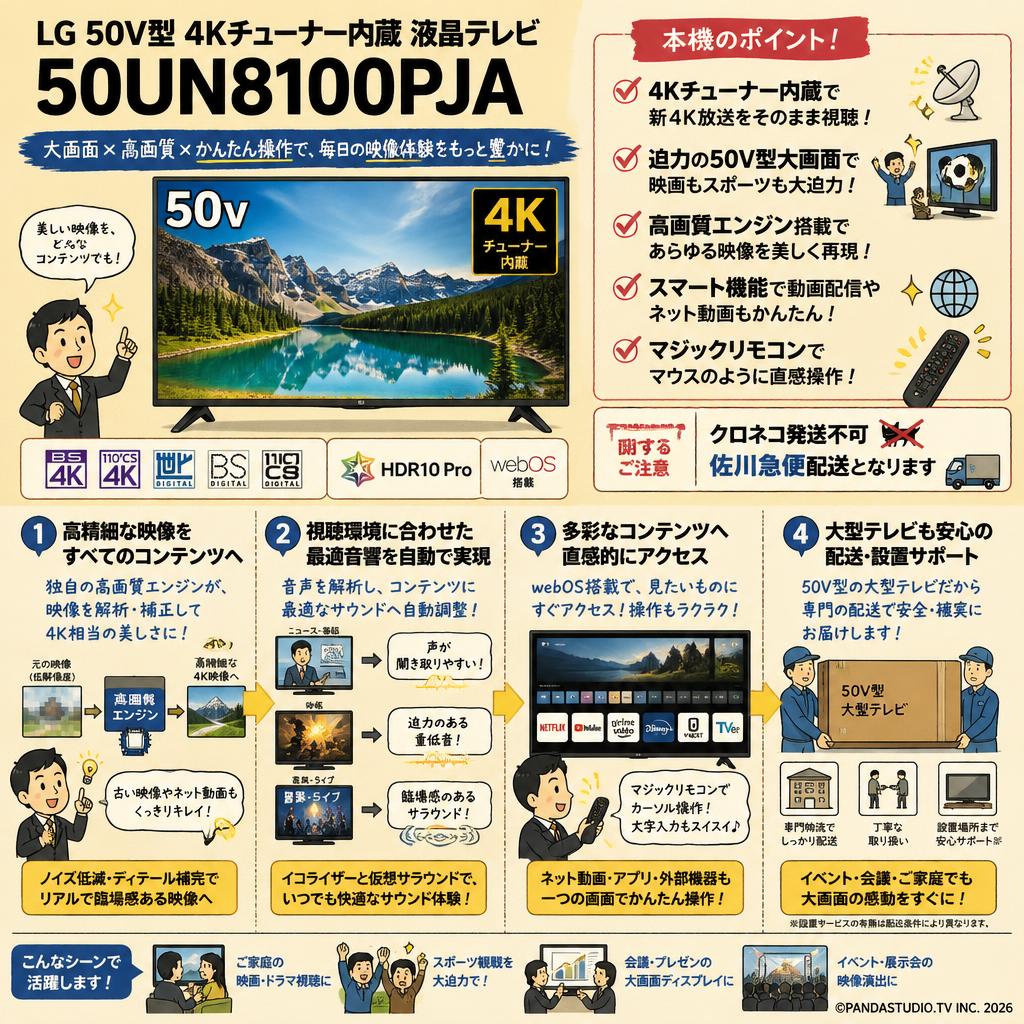 LG 50V型 4Kチューナー内蔵 液晶テレビ 50UN8100PJA 【クロネコ発送不可/佐川急便配送】 概要