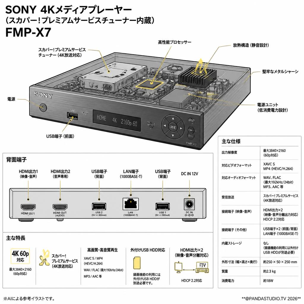 SONY 4Kメディアプレーヤー (スカパー！プレミアムサービスチューナー内蔵) FMP-X7 スペック