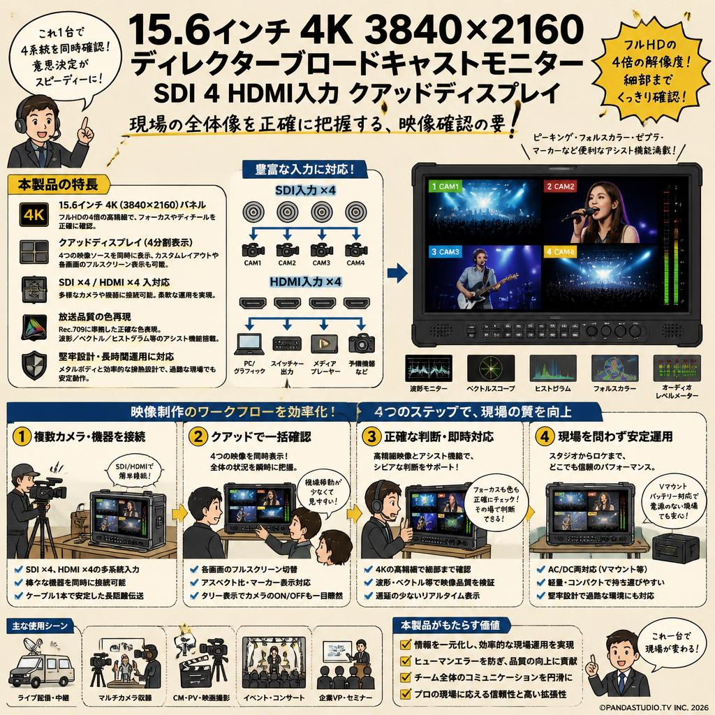 15.6インチ4K3840x2160ディレクターブロードキャストモニターSDI4HDMI入力クアッドディスプレイ 概要