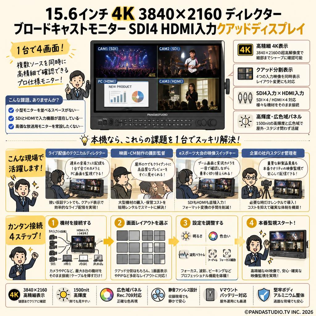 15.6インチ4K3840x2160ディレクターブロードキャストモニターSDI4HDMI入力クアッドディスプレイ おもな対象のお客様