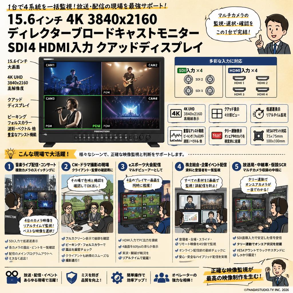 15.6インチ4K3840x2160ディレクターブロードキャストモニターSDI4HDMI入力クアッドディスプレイ 用途