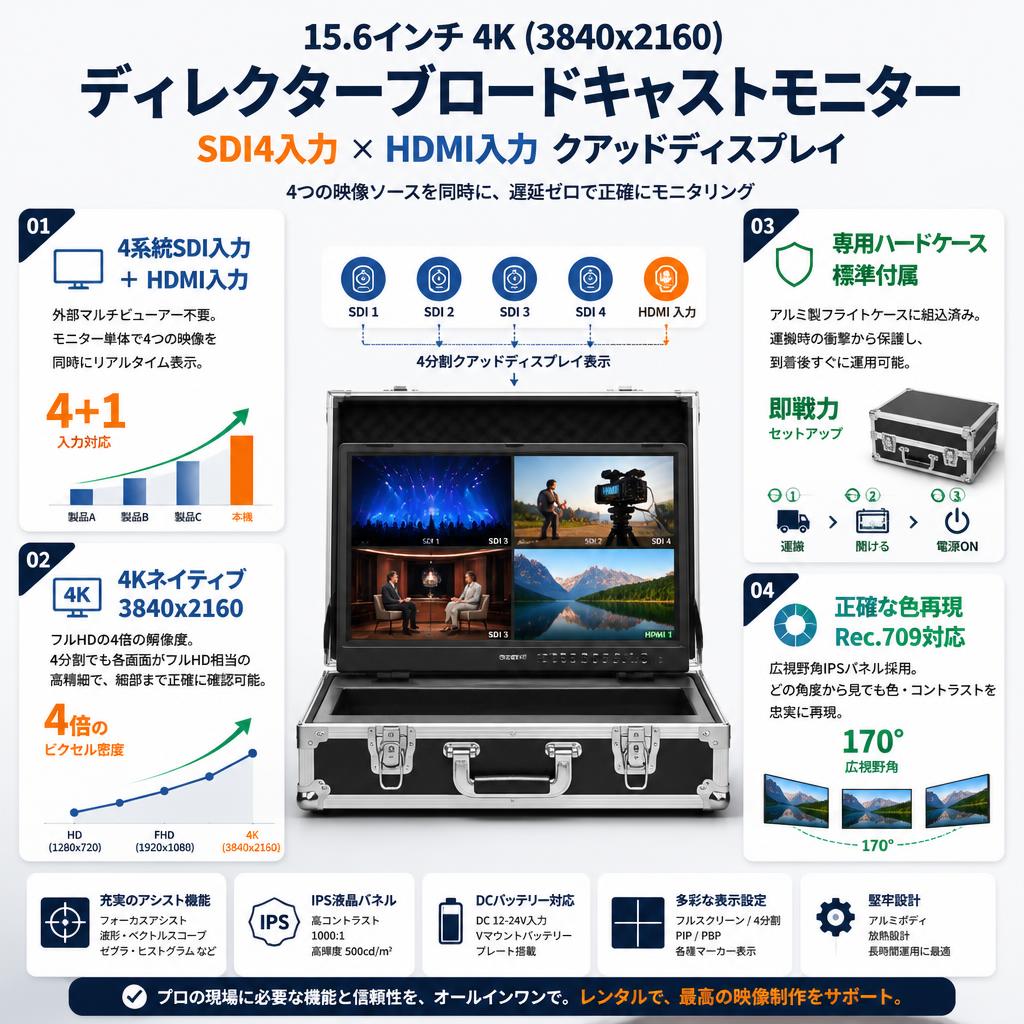 15.6インチ4K3840x2160ディレクターブロードキャストモニターSDI4HDMI入力クアッドディスプレイ セールスポイント