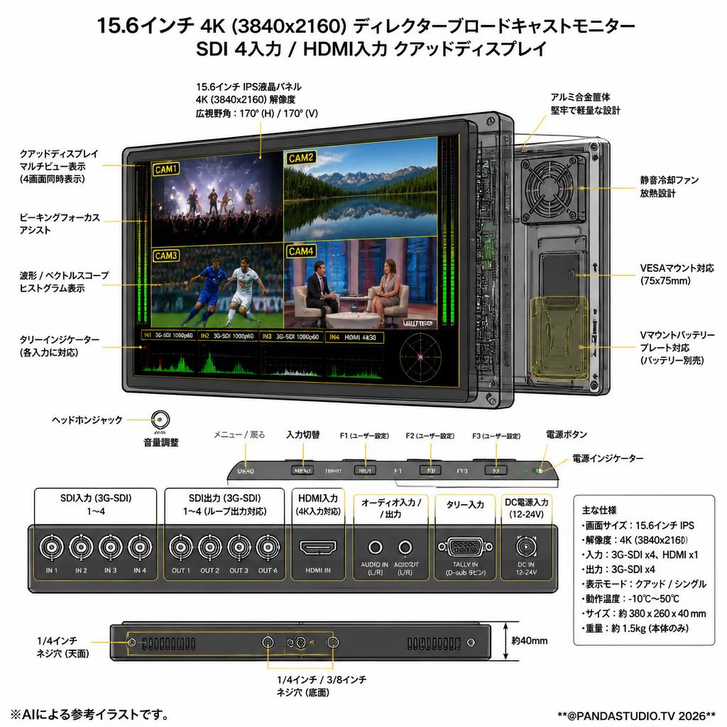 15.6インチ4K3840x2160ディレクターブロードキャストモニターSDI4HDMI入力クアッドディスプレイ スペック