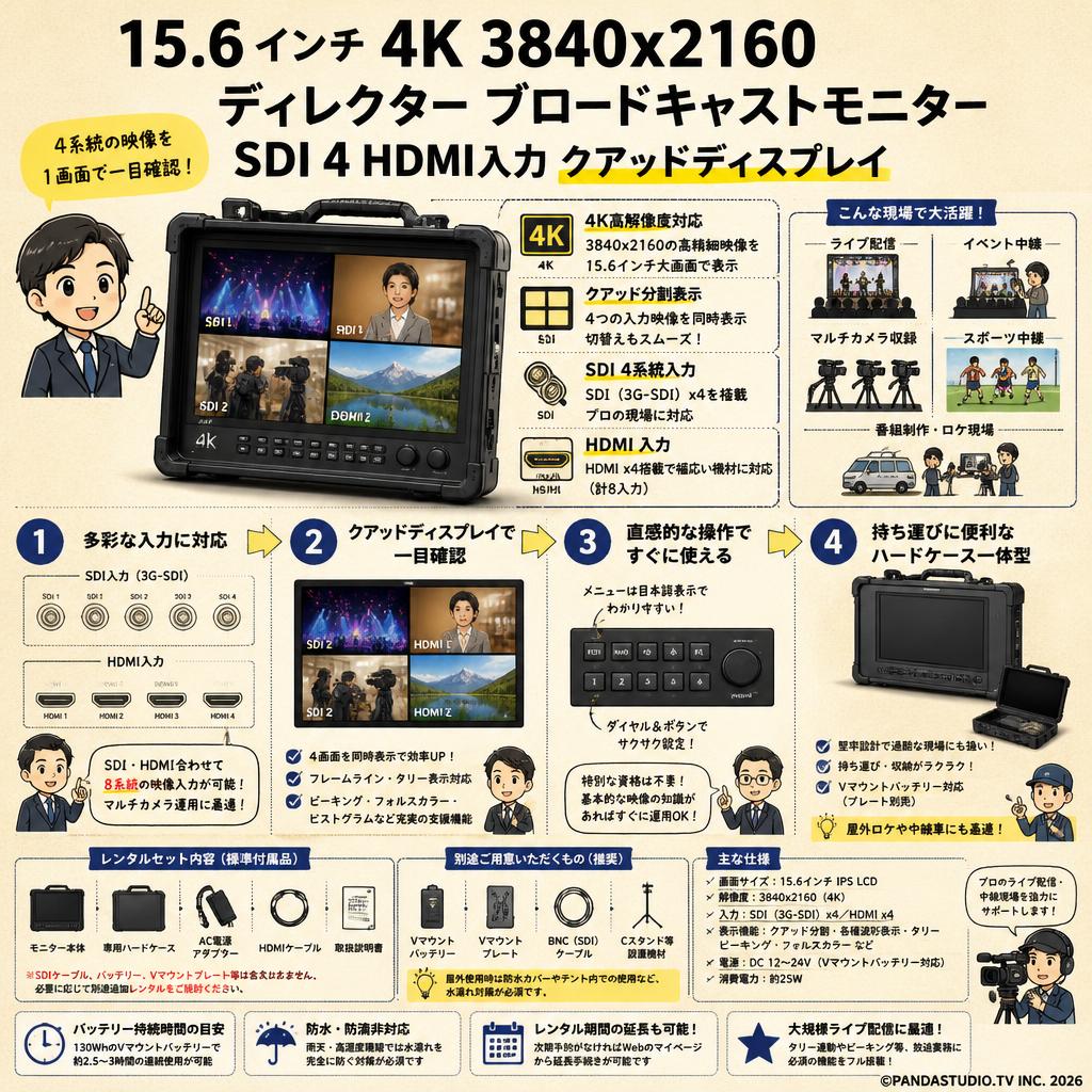 15.6インチ4K3840x2160ディレクターブロードキャストモニターSDI4HDMI入力クアッドディスプレイ FAQ（よくある質問と答え）