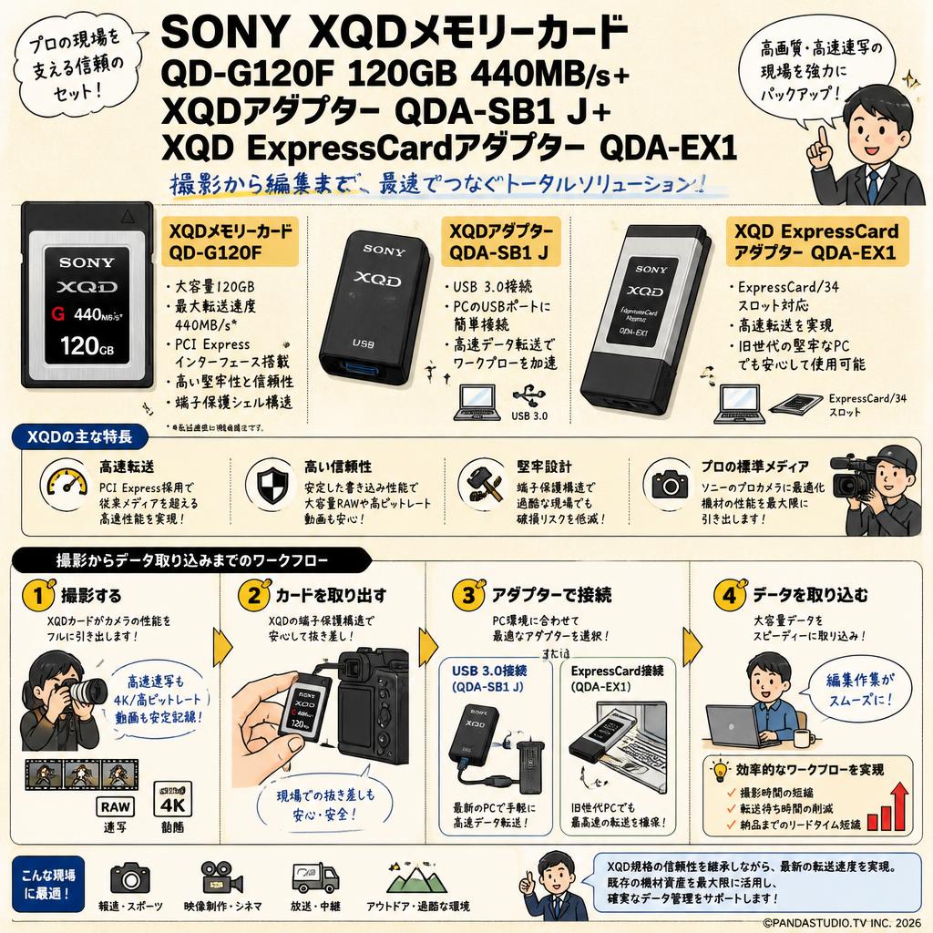 SONY【XQDメモリーカード QD-G120F 120GB 440MB/s＋ XQDアダプター QDA-SB1 J＋XQD ExpressCardアダプター QDA-EX1】 概要