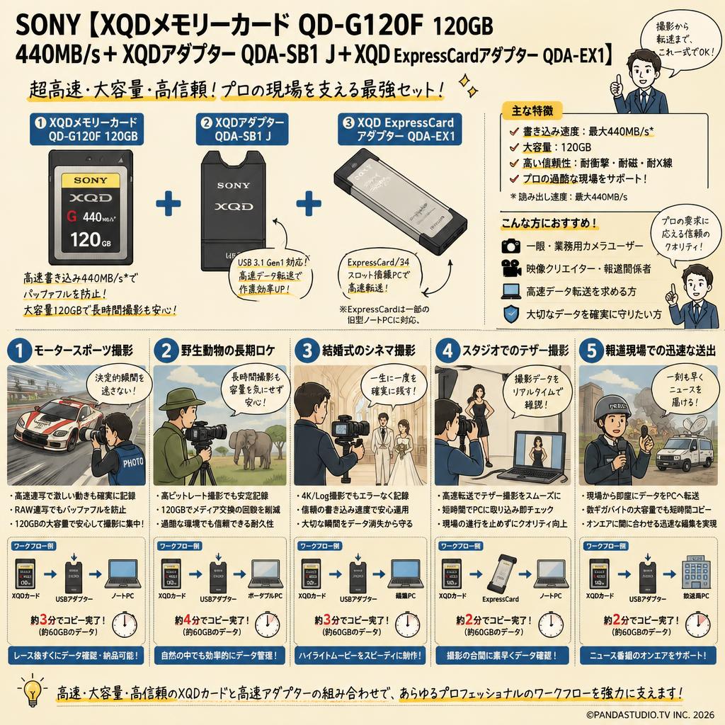 SONY【XQDメモリーカード QD-G120F 120GB 440MB/s＋ XQDアダプター QDA-SB1 J＋XQD ExpressCardアダプター QDA-EX1】 用途