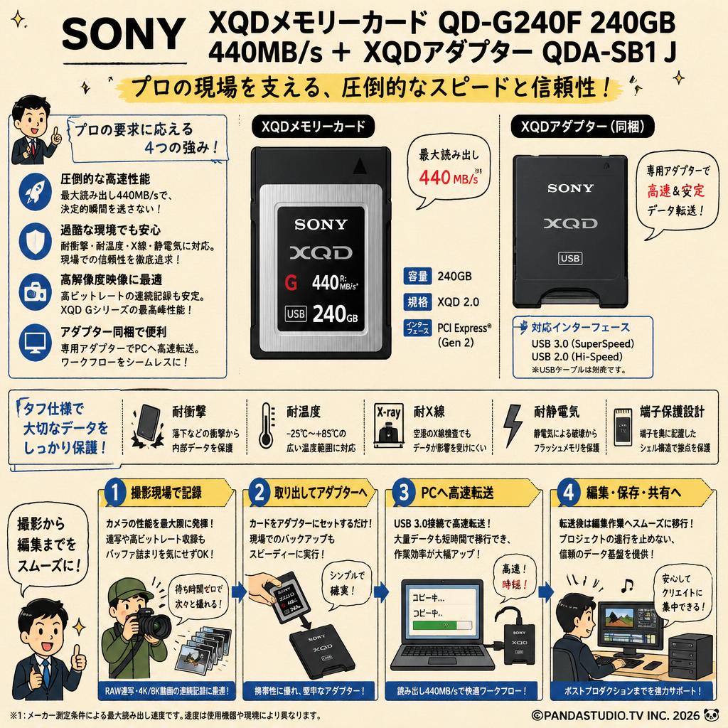 SONY【XQDメモリーカード QD-G240F 240GB 440MB/s＋ XQDアダプター QDA-SB1 J】 概要