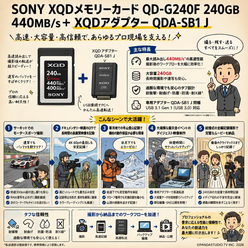 SONY【XQDメモリーカード QD-G240F 240GB 440MB/s＋ XQDアダプター QDA-SB1 J】 用途