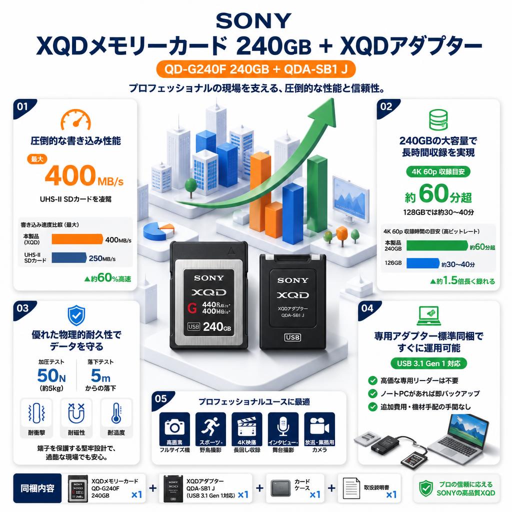 SONY【XQDメモリーカード QD-G240F 240GB 440MB/s＋ XQDアダプター QDA-SB1 J】 セールスポイント