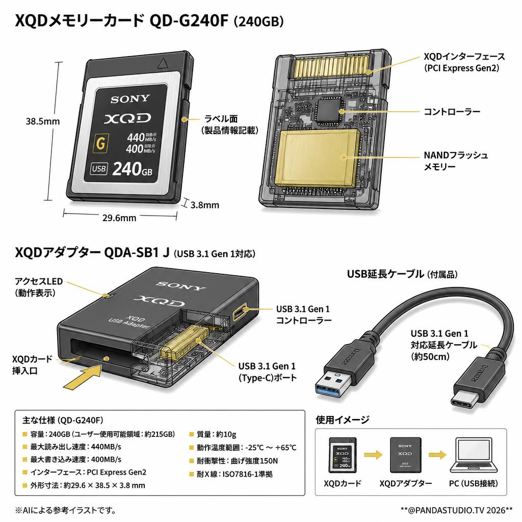 SONY【XQDメモリーカード QD-G240F 240GB 440MB/s＋ XQDアダプター QDA-SB1 J】 スペック