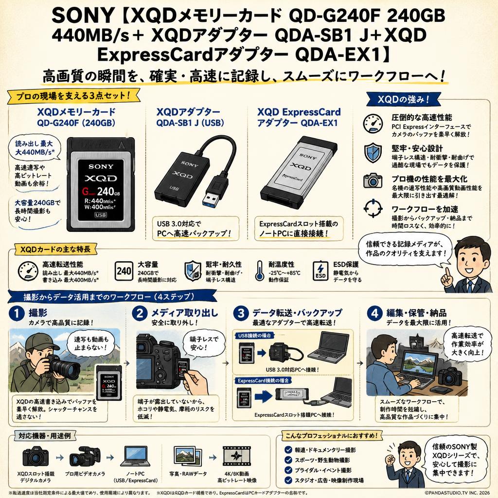 SONY【XQDメモリーカード QD-G240F 240GB 440MB/s＋ XQDアダプター QDA-SB1 J＋XQD ExpressCardアダプター QDA-EX1】 概要