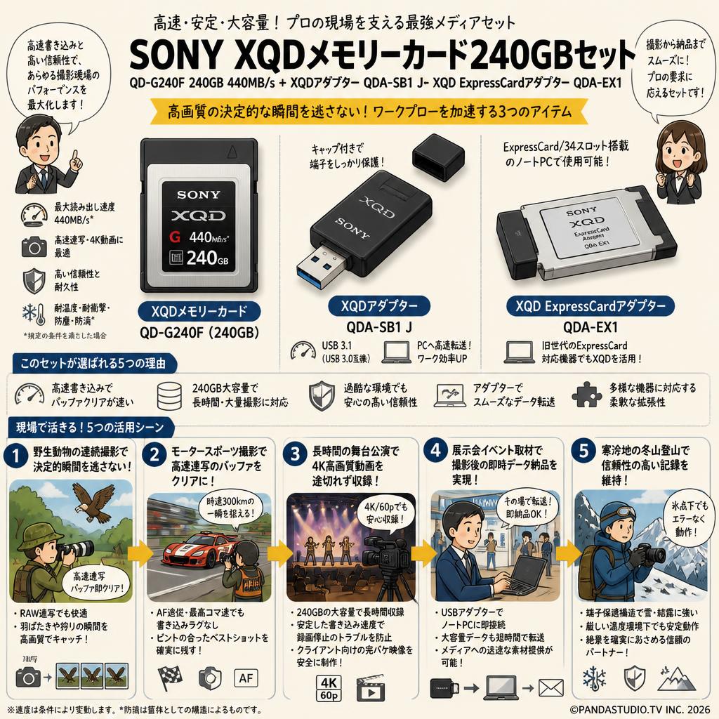 SONY【XQDメモリーカード QD-G240F 240GB 440MB/s＋ XQDアダプター QDA-SB1 J＋XQD ExpressCardアダプター QDA-EX1】 用途
