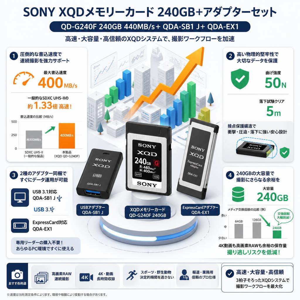 SONY【XQDメモリーカード QD-G240F 240GB 440MB/s＋ XQDアダプター QDA-SB1 J＋XQD ExpressCardアダプター QDA-EX1】 セールスポイント