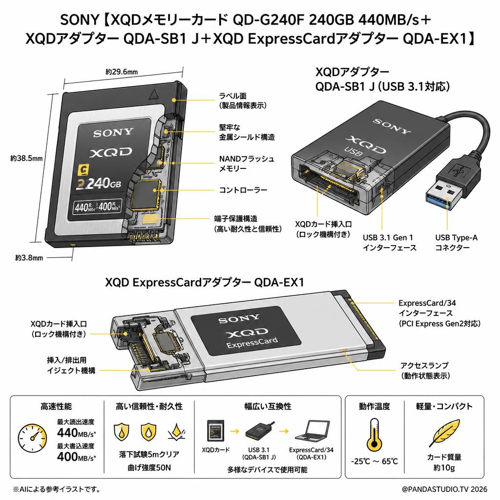 SONY【XQDメモリーカード QD-G240F 240GB 440MB/s＋ XQDアダプター QDA-SB1 J＋XQD ExpressCardアダプター QDA-EX1】 スペック