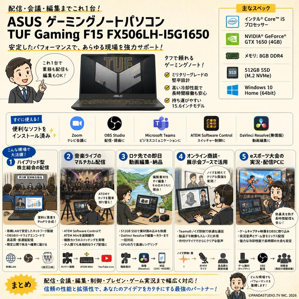 ASUS ゲーミングノートパソコン TUF Gaming F15 FX506LH-I5G1650  (テレビ会議用Zoom / 配信用OBS / Microsoft Teams / ATEM Software Control / 無償版 動画編集DaVinci Resolveインストール済）（Corei5 Windows10 8GBメモリー512GB SSD） 用途