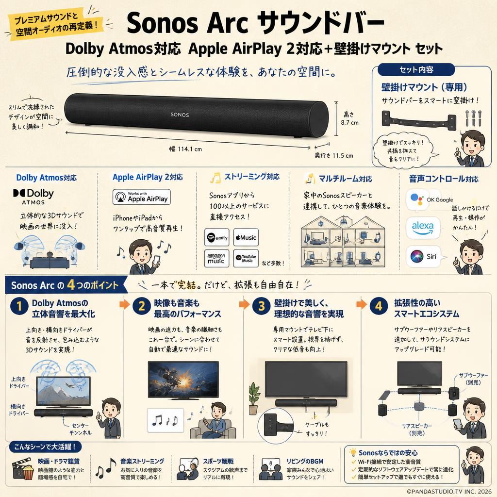 Sonos Arc サウンドバー Dolby Atmos対応 Apple AirPlay 2対応＋壁掛けマウント セット 概要