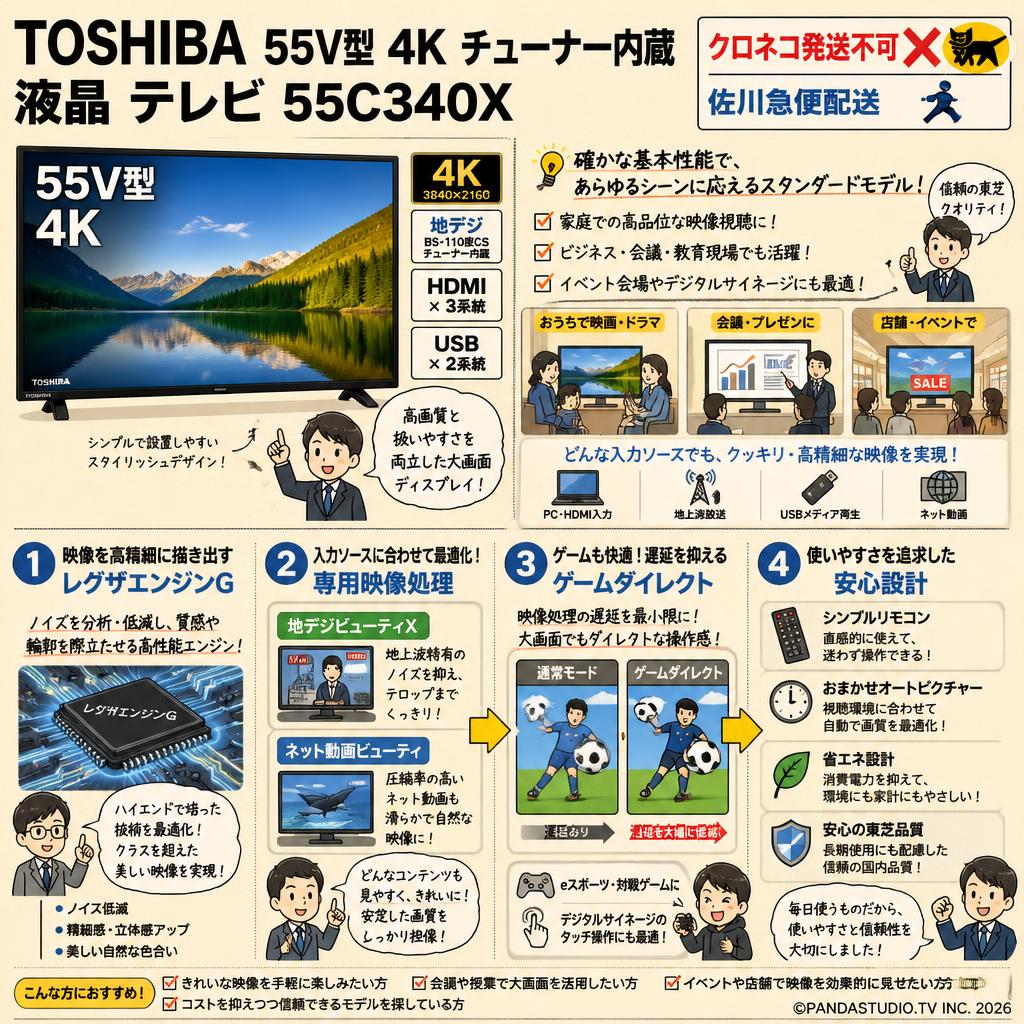 TOSHIBA 55V型 4K チューナー内蔵 液晶 テレビ 55C340X 【クロネコ発送不可/佐川急便配送】 概要