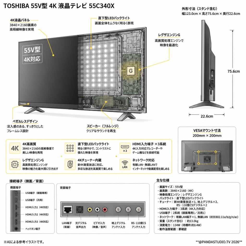 TOSHIBA 55V型 4K チューナー内蔵 液晶 テレビ 55C340X 【クロネコ発送不可/佐川急便配送】 スペック