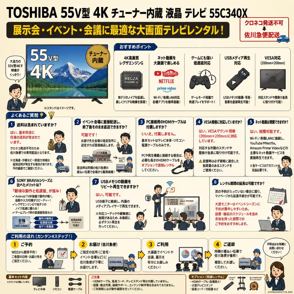TOSHIBA 55V型 4K チューナー内蔵 液晶 テレビ 55C340X 【クロネコ発送不可/佐川急便配送】 FAQ（よくある質問と答え）