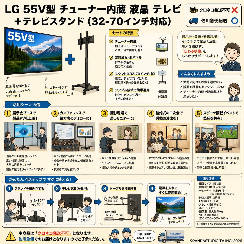 LG 55V型 チューナー内蔵 液晶 テレビ＋テレビスタンド（32-70インチ対応）【クロネコ発送不可/佐川急便配送】 用途