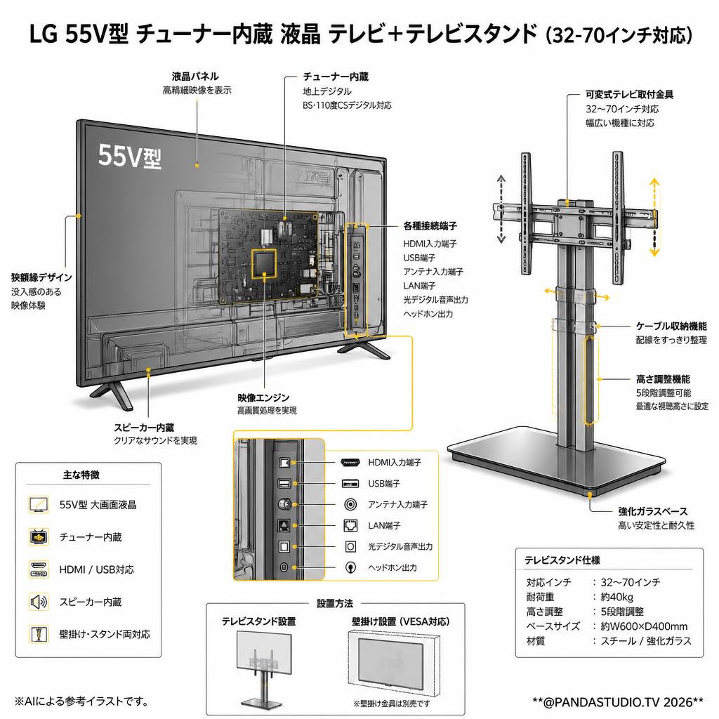 LG 55V型 チューナー内蔵 液晶 テレビ＋テレビスタンド（32-70インチ対応）【クロネコ発送不可/佐川急便配送】 スペック