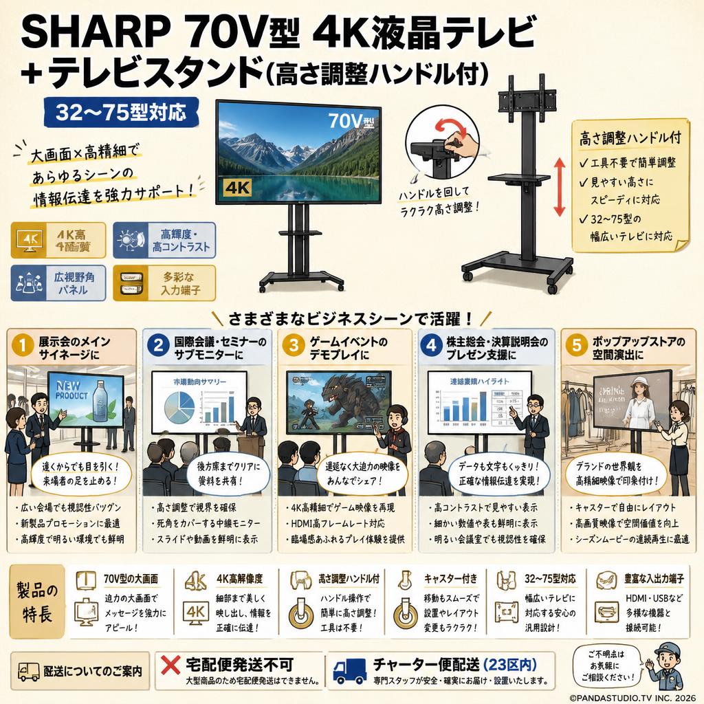 SHARP 70V型 4K液晶テレビ ＋テレビスタンド 高さ調整ハンドル付 32～75型対応【宅配便発送不可/チャーター便配送（23区内）】 用途