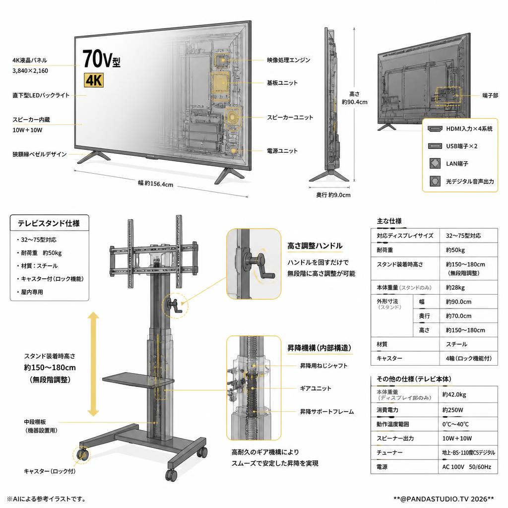 SHARP 70V型 4K液晶テレビ ＋テレビスタンド 高さ調整ハンドル付 32～75型対応【宅配便発送不可/チャーター便配送（23区内）】 スペック