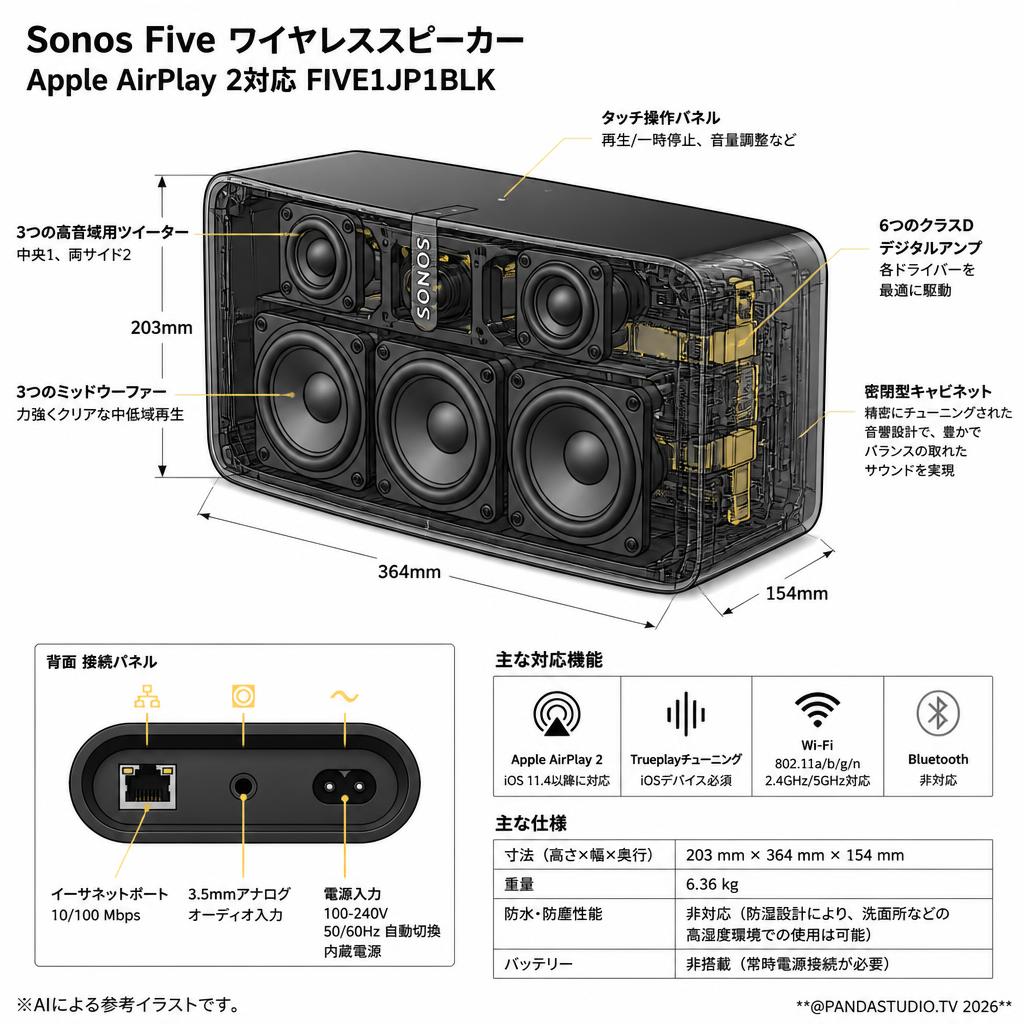 Sonos Five ワイヤレススピーカー Apple AirPlay 2対応 FIVE1JP1BLK スペック
