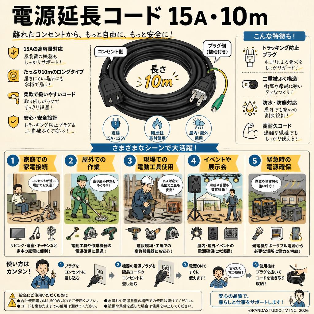 電源延長コード 15A・10m 用途