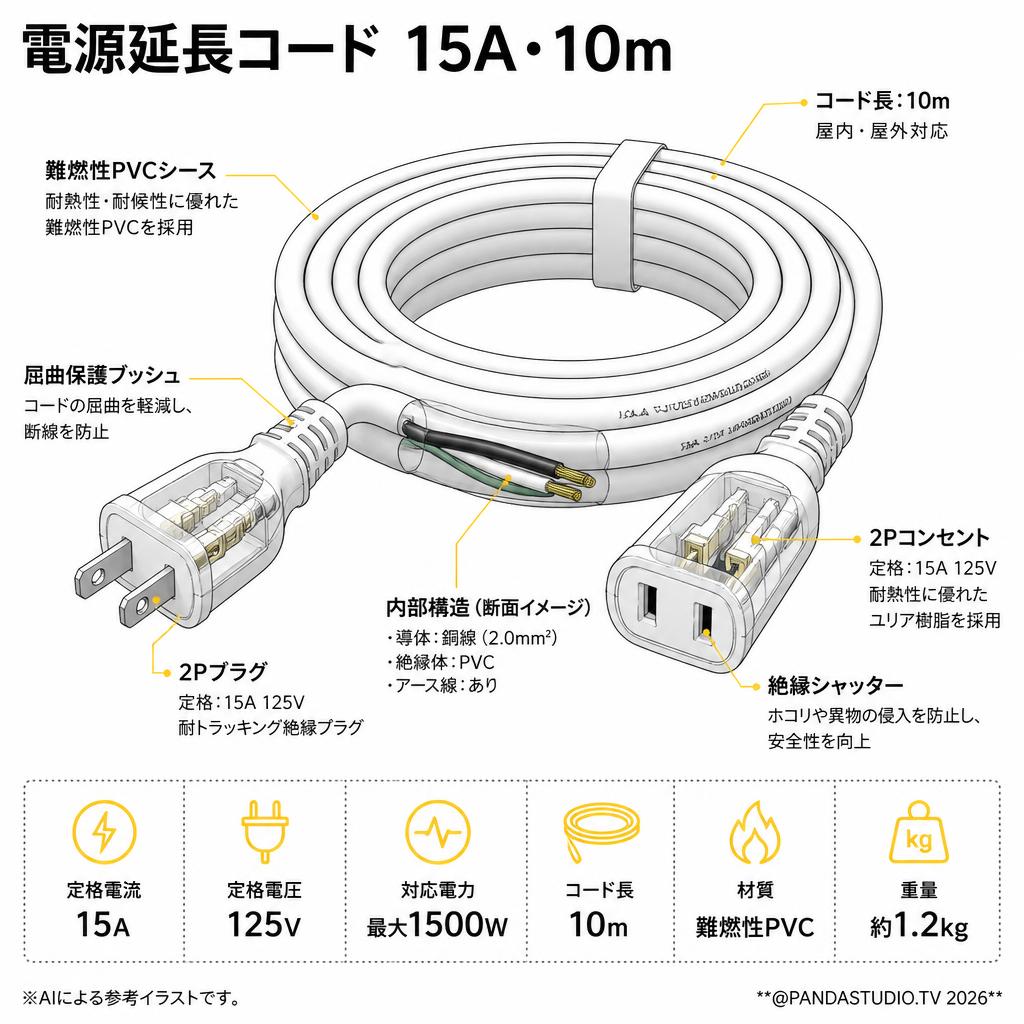 電源延長コード 15A・10m スペック