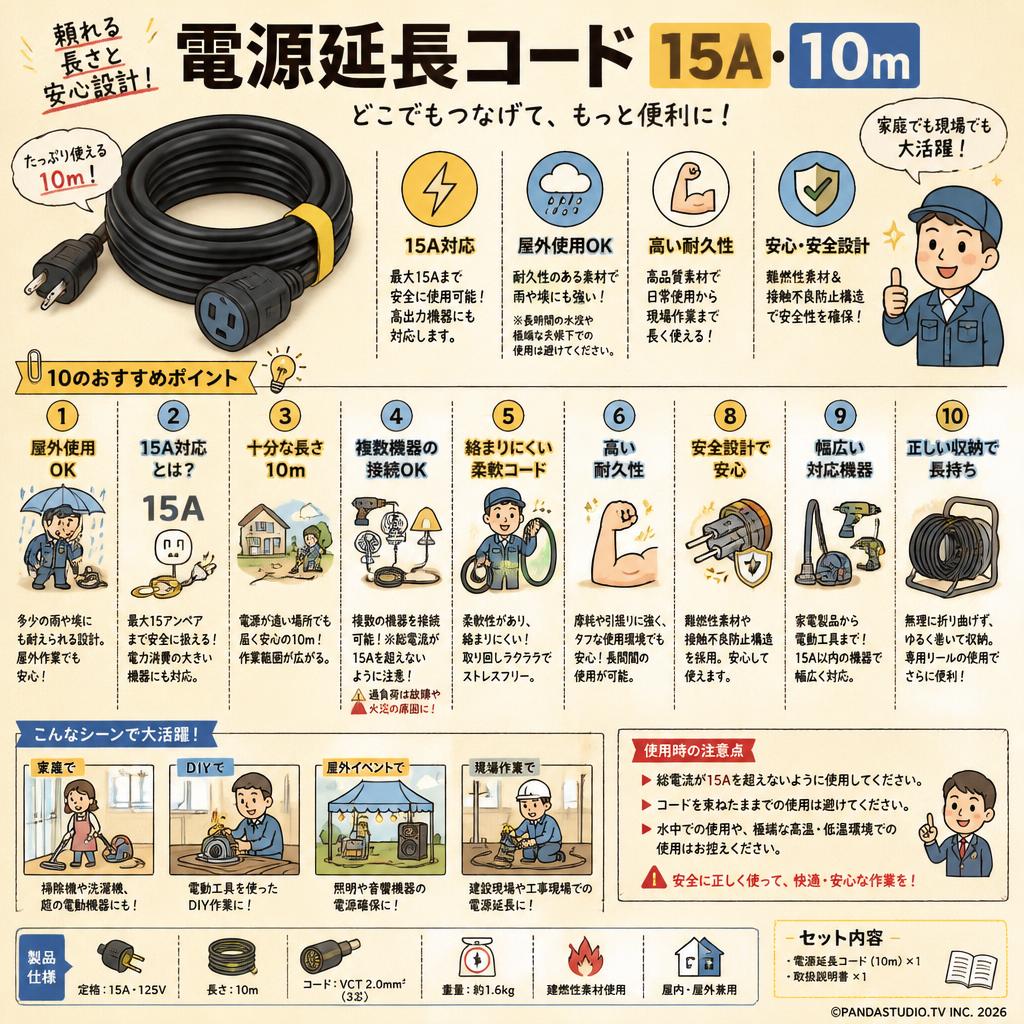 電源延長コード 15A・10m FAQ（よくある質問と答え）